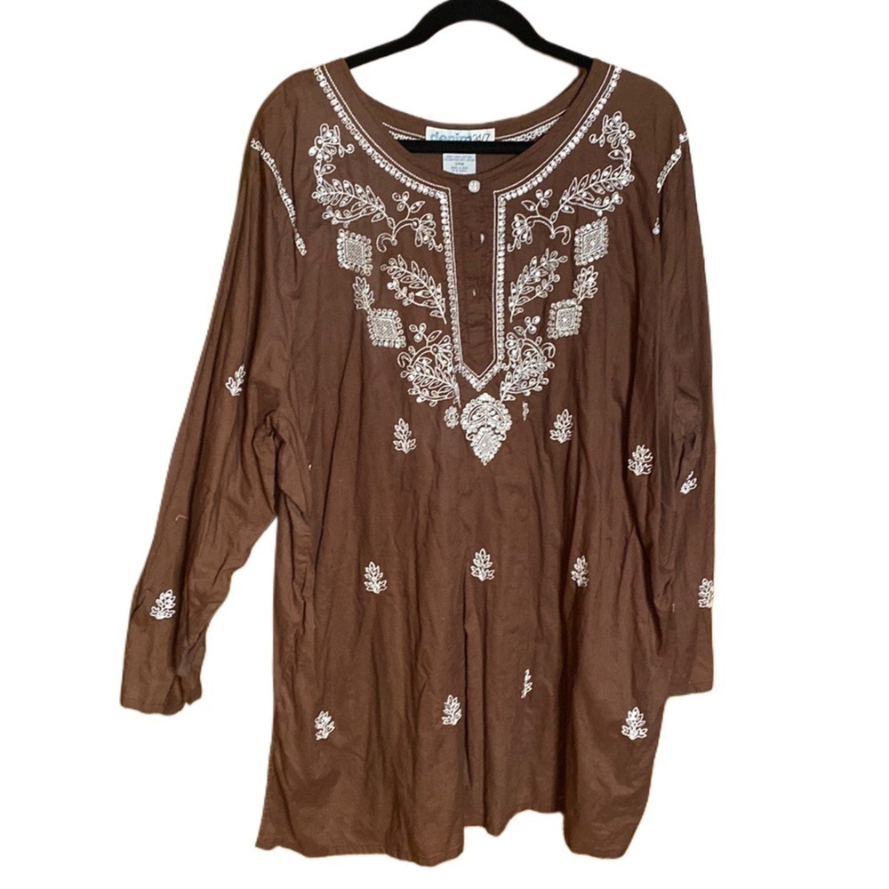 Denim 24/7 Embroidered sequins cotton chocolate brown 3-button Tunic plus size